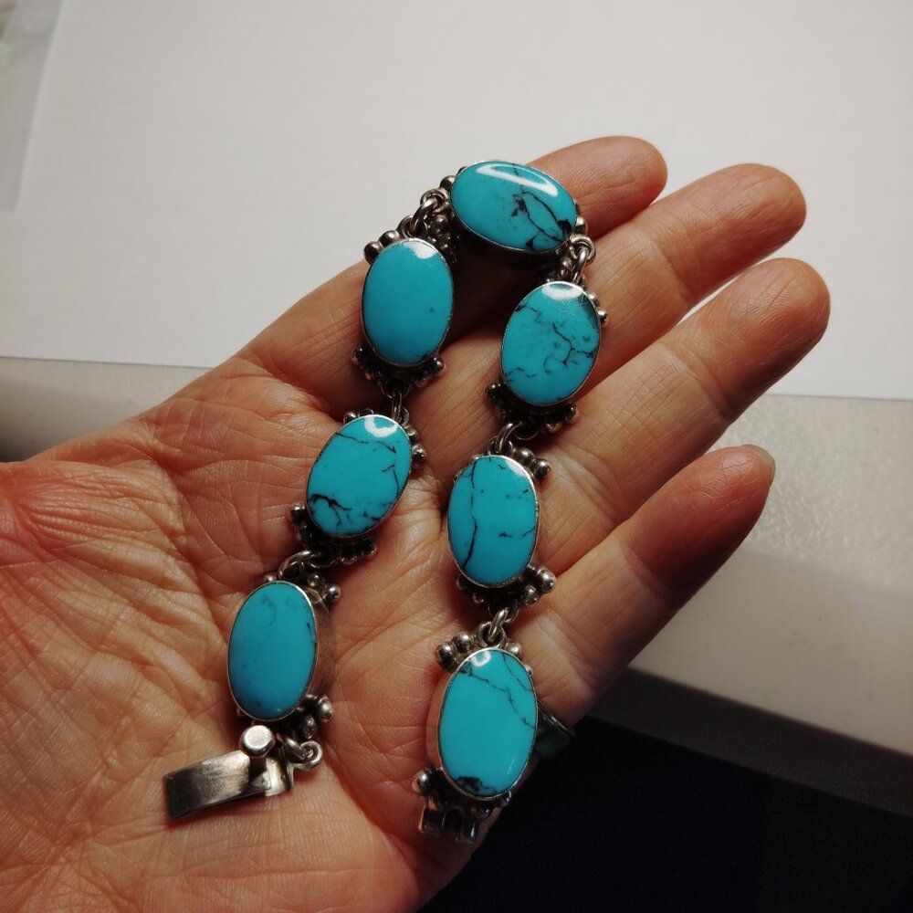 Sterling Silver Turquoise Link Bracelet • Artisan Studio Made • 44g • 8 Inch